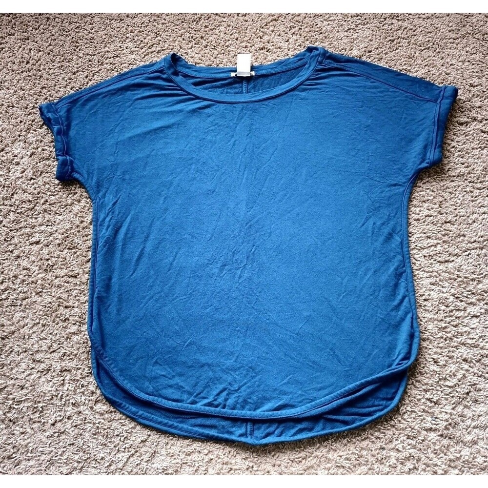 Matty M T-Shirt Women's Size Large Blue Stretch Cap Sleeve Pullover Crew Neck